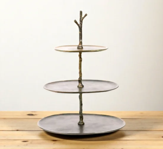 Rustic antique bronze 3-tier cake stand with branch design.