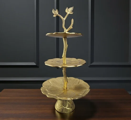 Luxury gold 3-tier serving stand with tree branch design and leaf plates.