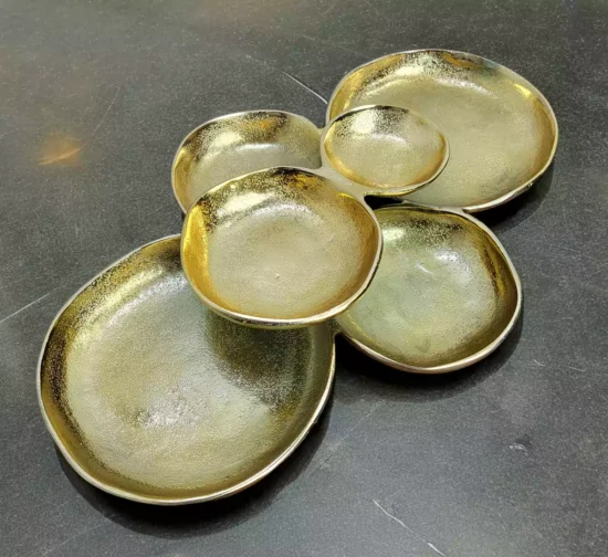 Textured gold cast aluminum serving bowl with 5 connected compartments