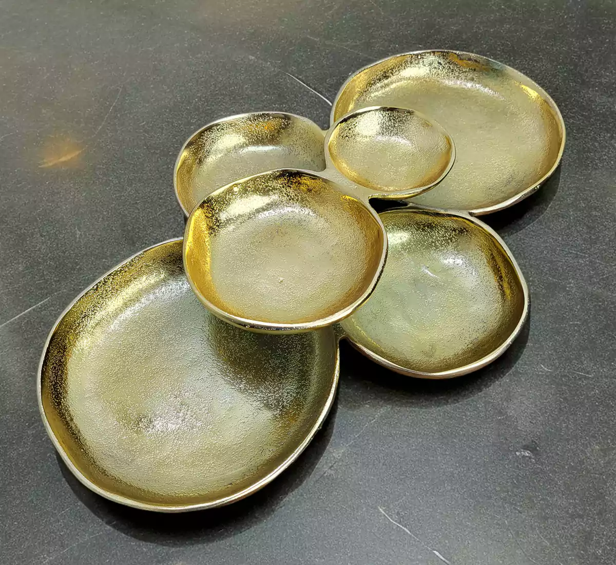 Textured gold cast aluminum serving bowl with 5 connected compartments