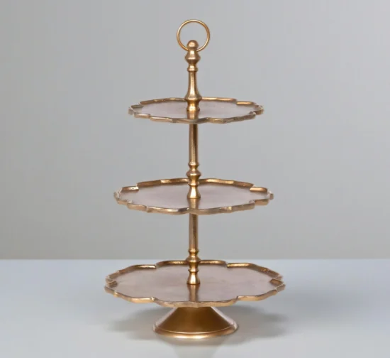 Vintage gold 3-tier serving stand with scalloped flower-shaped trays.