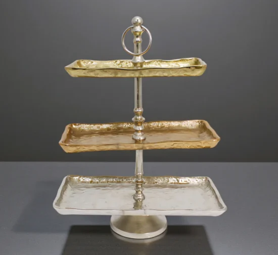 Luxury 3-tier serving stand with gold and silver rectangular hammered trays.