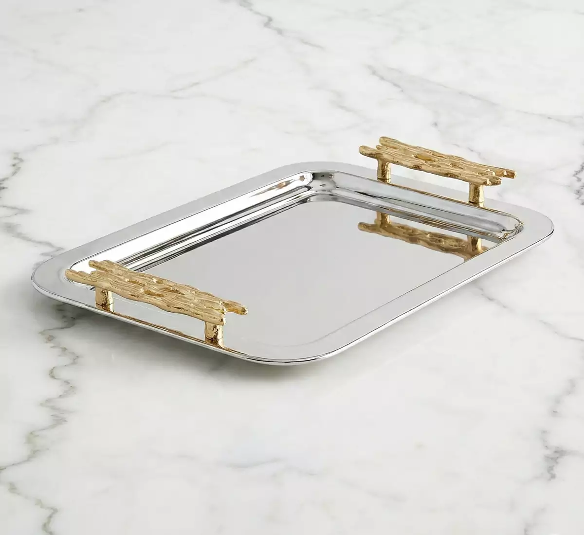 Modern Rectangular Metal Decorative Tray with Gold Finish.