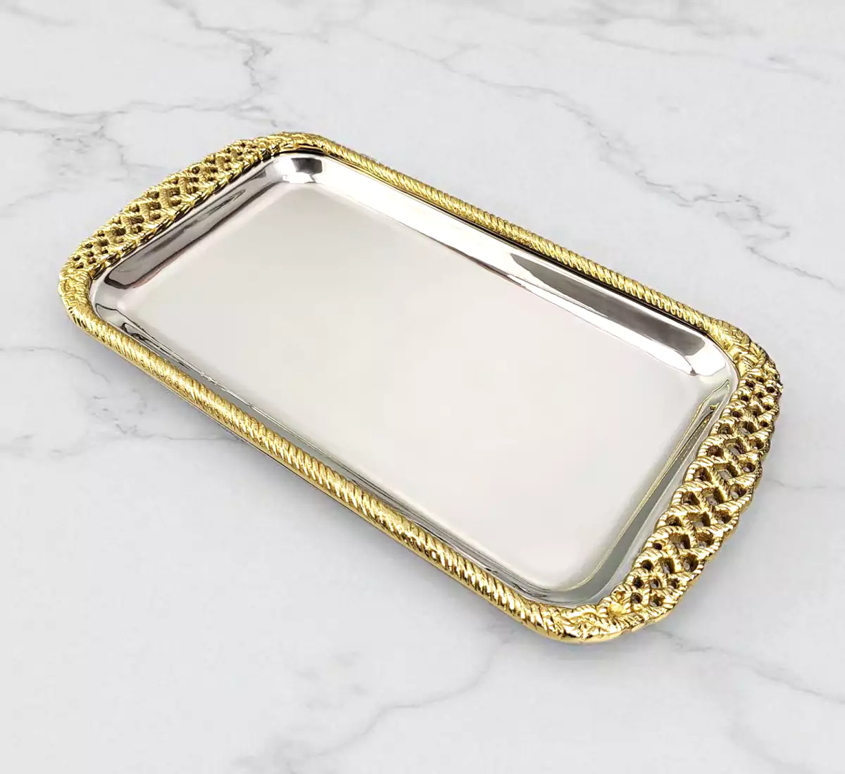 Silver and Gold Rectangular Serving Tray with Rope Border