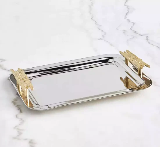 Premium Stainless Steel Serving Tray with Gold Twig Handles.