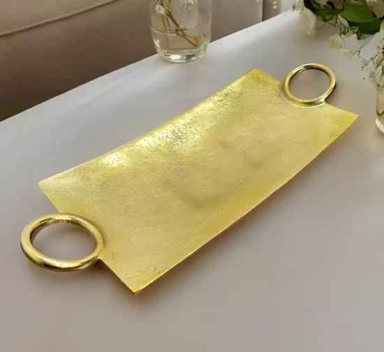 Rectangular textured gold aluminum serving tray with circular ring handles