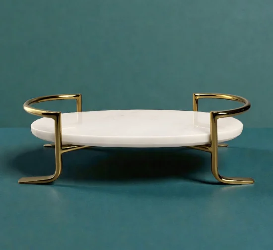 White Marble Serving Platter with Gold Metal Stand Modern Design