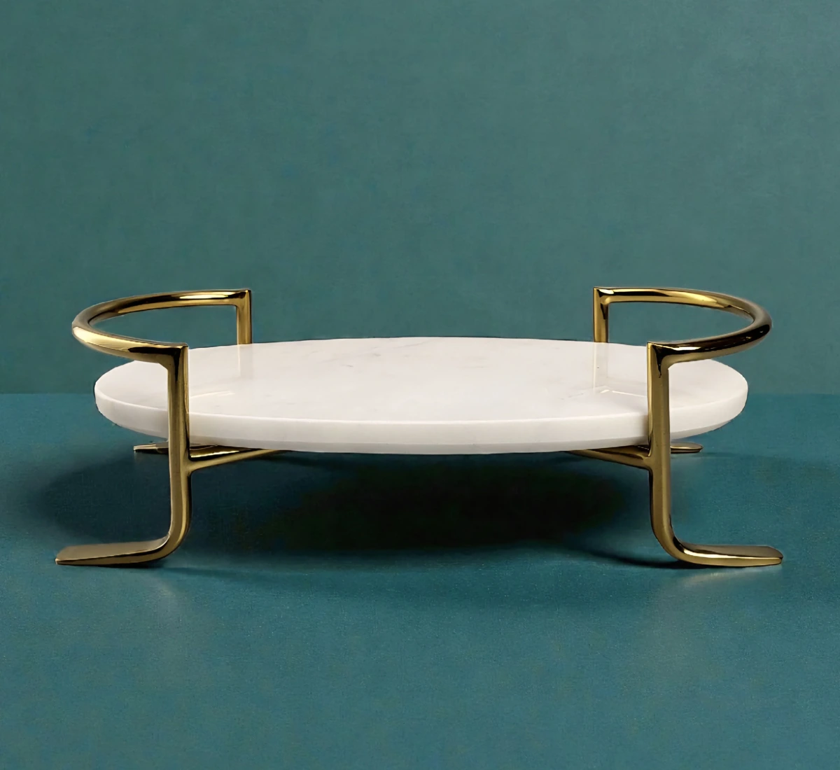 White Marble Serving Platter with Gold Metal Stand Modern Design