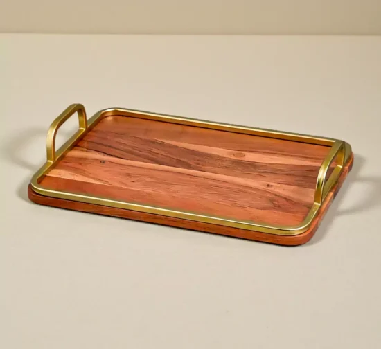 Wooden Serving Tray with Gold Metal Handles Modern Design
