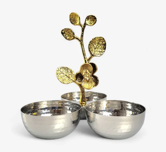 Handcrafted metal decorative bowl set with gold floral centerpiece for luxury home decor
